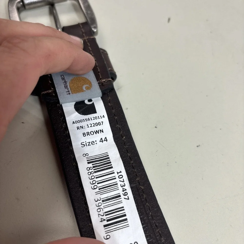 Carhartt Mens Brown Full Grain Leather Work Belt Size 44 WB5561-M Buckle Logo